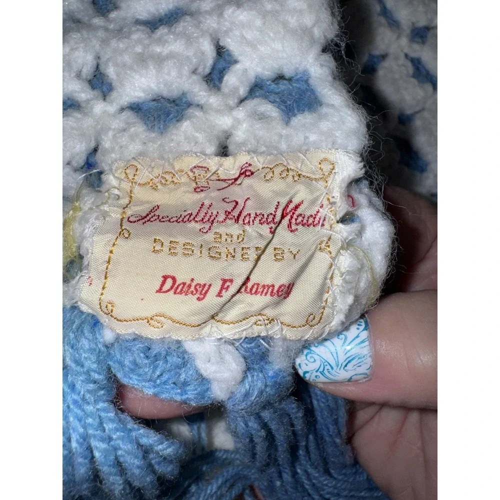 Handmade Crocheted Afghan Blanket Blue & White With Tassels 57x55 Reversible